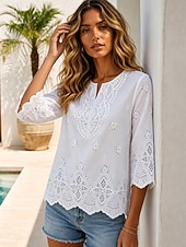  Per donna Blusa Traforato Tinta unica Elegante Casual Manica 3/4 Girocollo Top Regolari Casuale Quotidiano Bianco Estate Primavera