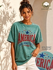 abordables Día de la Independencia Top-día de la independencia americana Mujer 100% Algodón Camiseta Tops lavados estilo vintage Estampado Graphic Letra Vintage Moda Elegante Manga Corta Cuello Barco Tops regulares Casual Diario Azul