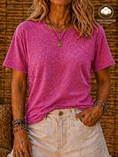 abordables Camiseta lisa-Camiseta softfade™ para mujer, 100% algodón, estilo vintage, con efecto desgastado, manga corta, cuello redondo, estilo casual, ideal para el día a día en la playa. Colores: rosa, rojo, azul, verde hierba, negro, naranja, verano y primavera.