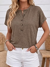 preiswerte Einfarbiges T-Shirt-Damen Sommeroberteile Vintage Mode Lässig Kurzarm Rundhalsausschnitt Normale Oberteile Lässig Täglich Khaki Schwarz Rosa Marineblau Braun Sommer Frühling