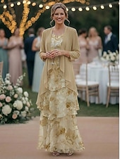 cheap Mom's Dress Sets-Two Piece A-Line Floor Length Wedding Guest Dress Mother of the Bride Dress Sleeveless 3/4 Length Sleeve Scoop Neck Elegant Simple Minimalist Formal Semi Formal Chiffon Jacquard with Floral Print