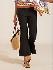 cheap Pants-Slightly Stretch Fine Rib Cropped Flared Pants
