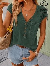  camicia da donna softfade™ 100% cotone lavato arricciato tinta unita vintage moda elegante manica corta scollo a V top regolare casual quotidiano per uscire blu rosa viola verde estate primavera