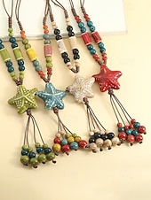 tanie Naszyjnik damski-Naszyjnik z wisiorkiem w kształcie gwiazdy w stylu boho dla kobiet, ręcznie robione kolorowe ceramiczne koraliki, regulowana biżuteria na długim łańcuszku na ogrodowe przyjęcie, wakacje na plaży,