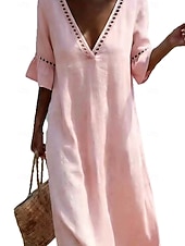 baratos Vestido Simples-Mulheres Vestido midi Vestidos Para o Verão Elegante Férias Manga Princesa Praia Ajuste Largo Côr Sólida Meia Manga Decote mergulhador Azul Claro Branco Champanhe Verde Claro Verão Primavera