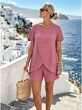 abordables Ensembles chemisiers pour femmes-Ensemble t-shirt et pantalon femme en faux coton, manches courtes, col rond, couleur unie, style streetwear, idéal pour les sorties quotidiennes, les vacances en plein air, jaune amande, vert clair,
