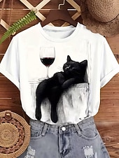 economico Maglietta Animali-Per donna Maglietta Stampato Grafico Animale Gatto Vintage Elegante Classico Manica Corta Girocollo Top Regolari Casuale Quotidiano Bianco Estate Primavera