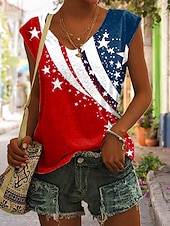 baratos Dia da Independência Top-Dia da Independência Americana Mulheres Blusa Imprimir Gráfico Bandeira Vintage Roupa de rua à moda Sem Manga Decote V Tops regulares Casual Diário Vermelho Verão Primavera