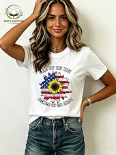 baratos Dia da Independência Top-Dia da Independência Americana Mulheres 100% Algodão Camiseta Imprimir Gráfico Bandeira americana Vintage à moda Casual Manga Curta Gola Redonda Tops regulares Casual Diário Final de semana Azul