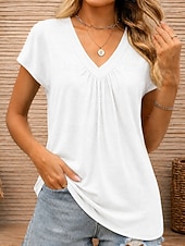 billiga Enkel t-shirt-Dam T-shirt T-tröja Ensfärgat Elegant Mode Ledigt Kortärmad V-hals Crop Tops Ledigt Dagligen Sommar Vinrött Blågrön Svart Vit Rodnande Rosa Sommar Vår