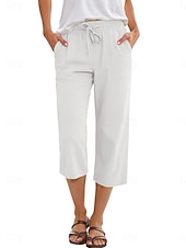 abordables jambe large et taille haute-Femmes Coton Pantalon capri Pantalons à jambes droites Mode Streetwear Occasionnel Longueur mollet Taille haute Uni Avec Poches Ceinture Élastique Confortable Doux Élastique Extérieur Vacances Rue