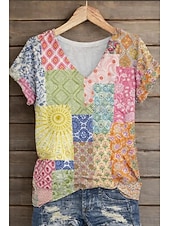  American Independence Day Women's T Shirt Print Graphic American Flag Vintage Stylish Classic Short Sleeve V Neck Long Tops Daily Lotus Root Pink White Rainbow Summer Spring Fall Winter