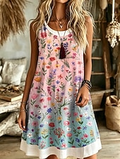 ieftine rochie florală-Pentru femei Rochii Lungime Genunchi Rochie de Vară Rochie A line Vacanță Casual Boho Fit regulat Floral Grafic Fără manșon În U Roz Îmbujorat Mov Vară Primăvară