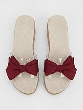 economico Sandali con zeppa-Sandali con zeppa e plateau da donna color bordeaux con fiocco - cinturini trasparenti per un look casual e feste estive in giardino &amp;vacanze