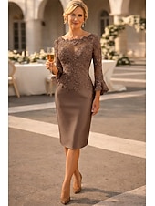 preiswerte Teelänge-Schlauchkleid Knielang Partykleid Cocktailkleid Kleid für Hochzeitsgäste Brautmutterkleid Langarm Juwelenhals Elegant Vintage luxuriös Hochzeitsgast Satin Spitze mit Applikationen