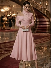 economico Abiti da cocktail-Linea ad A Lunghezza alla caviglia Lunghezza Tè Abiti da Cocktail Elegante Abito da sera stile impero Manica Lunga Collo Alto Festa serale Matrimonio Raso Elasticizzato con Pieghe Tinta unita