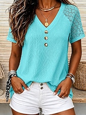 preiswerte Einfarbiges T-Shirt-Women's T Shirt Lace Solid Color Vintage Stylish Casual Short Sleeve V Neck Regular Tops Casual Daily Blue White Yellow Pink Summer Spring