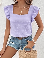 cheap Plain Blouses-Women's Blouse Solid Color Vintage Stylish Casual Short Sleeve Square Neck Regular Tops Casual Daily Blue White Pink Red Purple Summer Spring