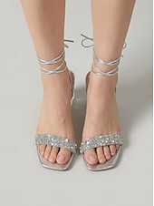 cheap Wedding Guest-Women's Silver Block Heel Sandals with Lucite Clear Heel and Ankle Tie for Garden Wedding Guest