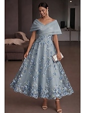 abordables Vestidos de cóctel-Corte A Vestido Midi Vestidos de coctel Elegante Vintage Floral Manga Corta Hombros Caídos Fiesta de jardin Boda Organdí Tul Espalda desnuda con Estampado flor Flor bordada Plisado