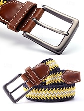 baratos Cintos Masculinos-Cinto masculino trançado elástico com ponteiras de couro e fivela de pino, casual e elegante, com ajuste regulável para homens maduros, ideal para uso diário e viagens.