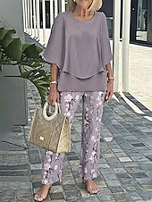 billige Women's Blouse Suits-Women's Two Piece Sets Pants Sets Half Sleeve Butterfly Sleeve Round Neck Floral Graphic Ruffle Print Elegant Vacation Casual Daily Beach Blue Pink Purple Spring &amp; Summer Loose Fit