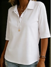 cheap Plain Blouses-Women's Blouse Buttons Solid Color Elegant Vacation Daily Half Sleeve Turndown Shirt Collar Long Tops Casual Daily Going out White Yellow Sky Blue Green Summer Spring