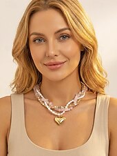 billiga Kvinnors halsband-Damhalsband med lager på lager och imitationspärlor, rosa stenar och guldpärlor, elegant chokerhänge för vardagsbruk, semester, trädgårdsfest och semiformella tillfällen
