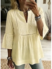  Femmes Chemisier Chemises brodées Élégant Bohème Manche 3/4 Col en V Hauts courts Plage Soirée Jaune clair Blanche Bleu Ciel Été Printemps