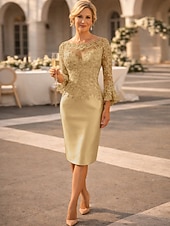 preiswerte Teelänge-Schlauchkleid Knielang Partykleid Cocktailkleid Kleid für Hochzeitsgäste Brautmutterkleid Langarm Juwelenhals Elegant Vintage luxuriös Hochzeitsgast Satin Spitze mit Applikationen