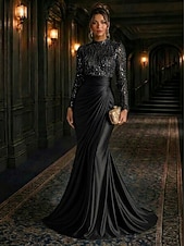 economico Abiti da Sera Sirena-Sirena Tromba Lunghezza al pavimento Abito da Sera Elegante Setoso Abito da sera stile impero Manica Lunga Collo Alto Matrimonio Formale Raso Elasticizzato Con Paillettes con Glitter Pieghe Perline