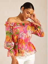 cheap Shirts,Tops &amp; Blouses-Wild Hibiscus Dream Flowy Chiffon Top