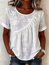  Dame T skjorte Broderi Blomstret Grafisk Mote Kortermet Crew-hals Lange topper Avslappet Strand Hvit Sommer Vår