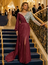economico Abiti da ballo-Sirena Tromba Strascico da Corte Abito da Sera Abito da ballo con sopragonna Abito formale Elegante Manica Lunga Scollo Illusione Formale Con Paillettes con Pieghe Paillettes
