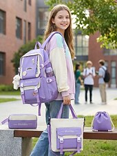 baratos Barn og tenåring ryggsekker-Student's pastel-colored student backpack set, large-capacity polyester backpack, with tote bag and pencil case, large capacity with multiple pockets, available in various colors, cute and adorable ba