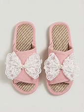 cheap Women's Slippers &amp; Flip-Flops-Women's Pink Linen Open-Toe House Slippers - Breathable Magic Tape Indoor Slides with White Lace Bow &amp; Pearl Decor, Non-Slip Soft Sole Casual Slippers for Wide Swollen Feet, Bedroom, Spa &amp; Daily Wear