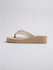 preiswerte Frauen-Damen-Flip-Flops aus Stroh mit Plateausohle – sommerliche Keilsandalen im Boho-Stil mit geflochtenen Riemen, ideal für Strandurlaub und Resort-Aktivitäten. &amp;gemütliches Spazierengehen im Freien