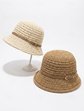 baratos Chapéus Femininos-Chapéu bucket feminino em poliéster trançado com cinto de couro, chapéu de sol leve para o verão, ideal para férias, praia, uso casual ao ar livre e dia a dia.