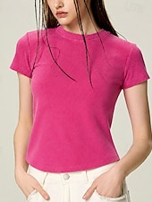  女性用 Tシャツ ホワイトコットントップ ヴィンテージウォッシュトップス アシッドウォッシュ 平織り ファッション スタイリッシュ パンクスタイル 半袖 クルーネック クロップトップ カジュアル 日常 ビーチ ブラック ホワイト グリーン グレー 夏 春