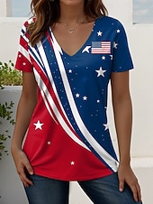 halpa Itsenäisyyspäivä Huippu-Amerikan itsenäisyyspäivä Naisten T-paita Painettu Kuvitettu Amerikan lippu Vintage Tyylikäs Klassinen Lyhythihainen V kaula-aukko Tavalliset topit Päivittäin Sininen Valkoinen Rubiini Laivaston
