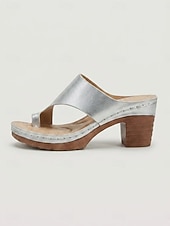 abordables Sandalias de tacón-Sandalias planas plateadas metalizadas con tacón de bloque para mujer - sandalias con puntera de aro lateral, calzado casual de verano para fiestas en el jardín y viajes. &amp;uso diario