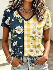 abordables T-shirt Boho-Semana Santa Mujer Camiseta Estampado Floral Graphic Plantas Elegante Clásico Casual Manga Corta Escote en Pico Tops regulares Casual Diario Amarillo Verano Primavera