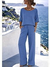 cheap Sets-Women's Cotton Linen Sets Pants Sets Bolero Top Half Sleeve Crew Neck Solid Color Fashion Streetwear Casual Daily Outdoor Blue Black White Summer Regular Fit
