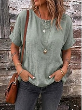 cheap Plain tee-Women's Tee Top Solid Color Vintage Stylish Casual Short Sleeve Boat Neck Regular Tops Daily Going out Vacation Wear Khaki Navy Blue Olive Mint Green Dark Green Summer Spring