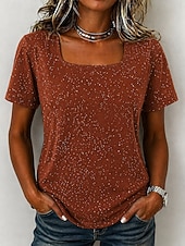 billiga Enkel t-shirt-Dam T-shirt T-tröja Strass Ensfärgat Mode Stylish Klassisk Kortärmad Fyrkantig hals Vanliga toppar Ledigt Dagligen Utekväll Svart Vit Brun Grå Sommar Vår