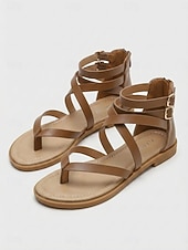 abordables Sandales Gladiateur-Sandales plates beiges à brides pour femmes - sandales gladiateur beiges minimalistes avec boucle à la cheville et fermeture éclair à l'arrière, idéales pour les vacances en plein air et les visites