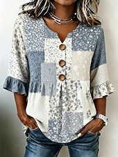 abordables Blusas Florales-Mujer Camisa Retazos Botones Estampado Floral Graphic Bloque de color Vintage Elegante Media Manga Escote en Pico Tops regulares Casual Diario Festivos Azul Piscina Rosa Marrón Verde Trébol Verano