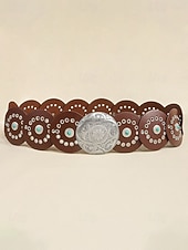 preiswerte Damengürtel-Boho-Gürtel mit runden Conchos für Damen, Western-Taillengürtel aus Kunstleder mit türkisfarbenen Nieten, Vintage-Gürtel mit Concho-Verzierung für Kleider, Festivals, Urlaub, Cowgirl-Look und lässige