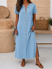  Per donna Abito maxi Abiti di lino Vintage Quotidiano Vestibilità regolare Semplice Manica Corta Scollo a V Rosso Azzurro Estate