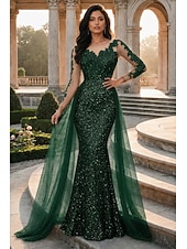 abordables Vestidos de gala-Corte Trompeta Sirena Hasta el Suelo Vestidos de noche Vestido de baile con sobrefalda Vestimenta formal Elegante Manga Larga Cuello Barco Fiesta de baile Fiesta de Noche Tul con Lentejuela